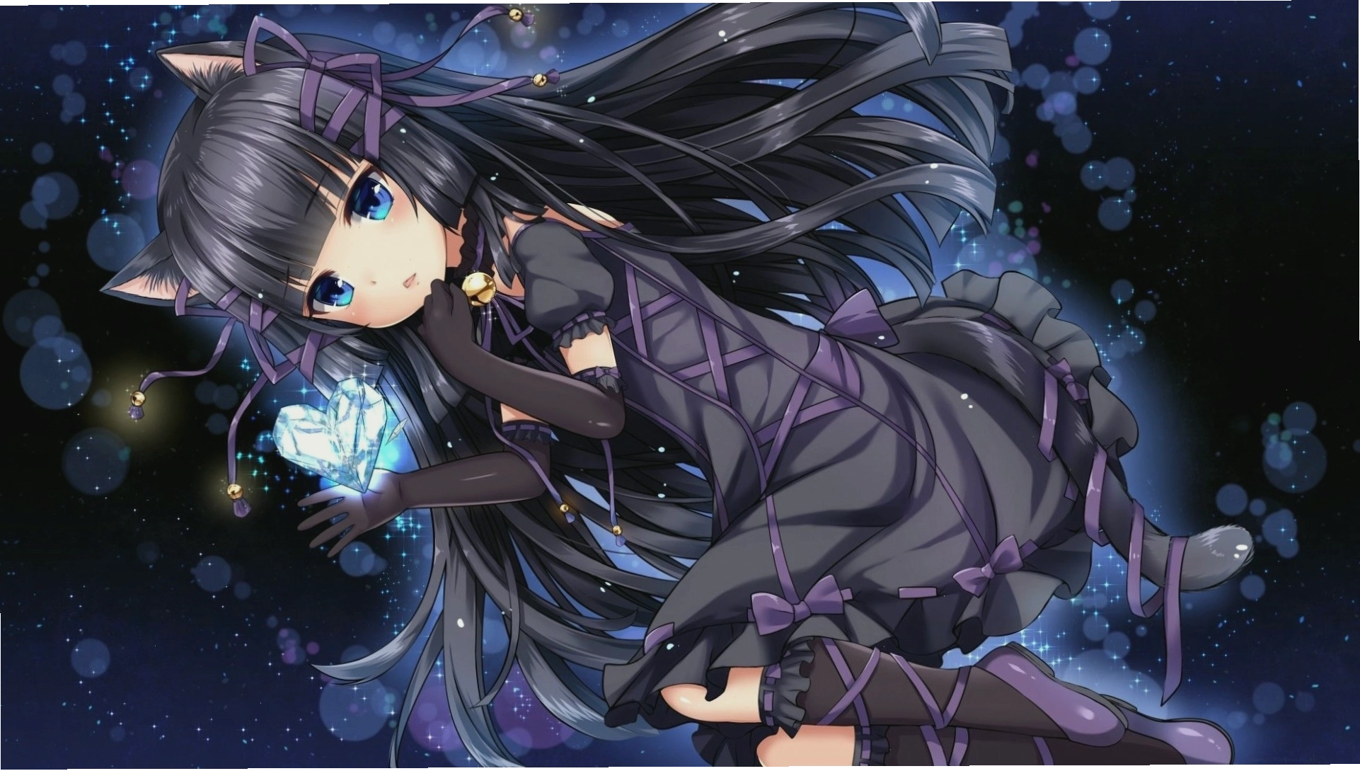 Anime cat girl tóc đen, dễ thương trong trang phục Lolita