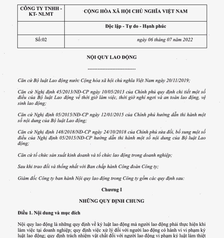 Bảng nội quy công ty mẫu với bố cục rõ ràng