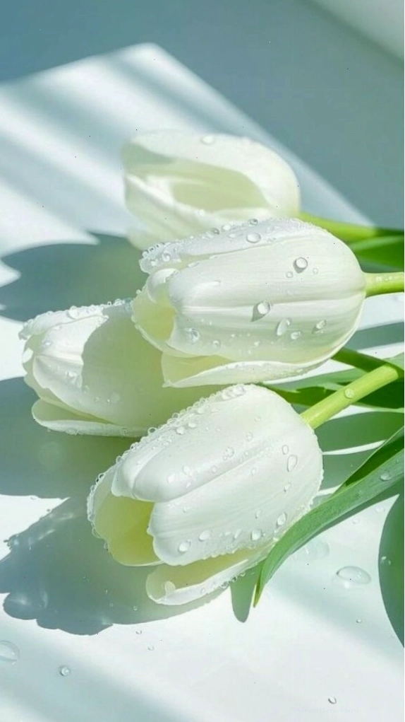 Buổi sáng sớm với những giọt sương đọng trên cánh hoa tulip