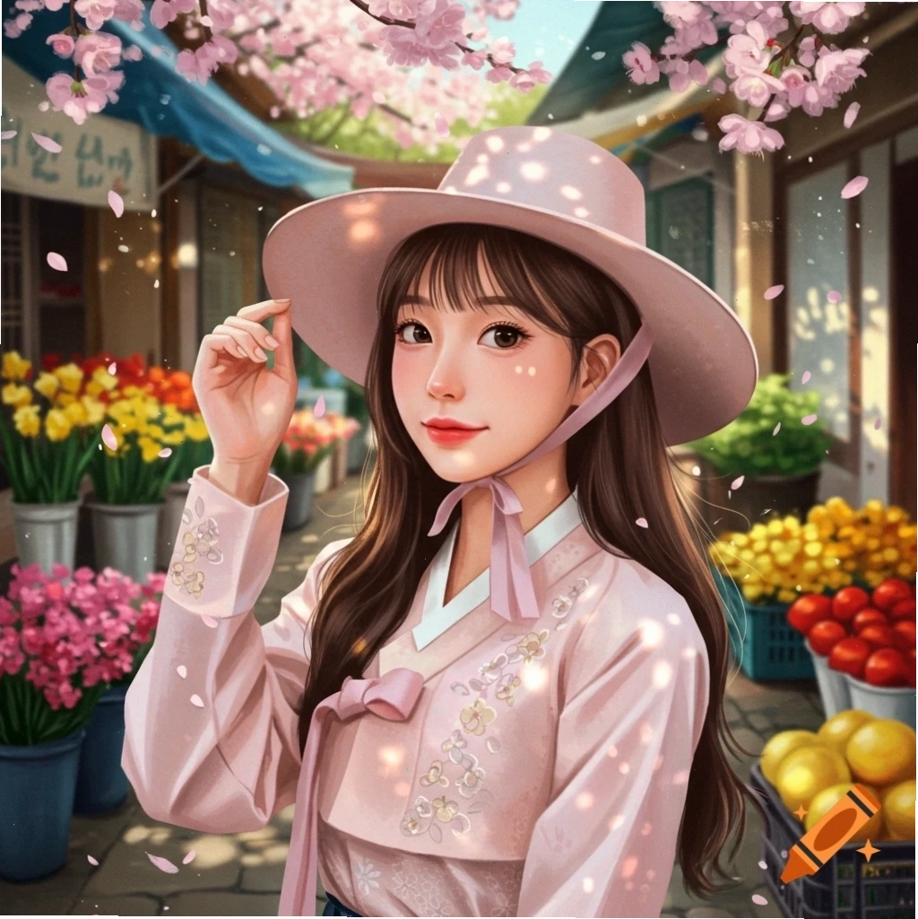 Chân dung cô gái Hàn Quốc trong trang phục Hanbok và nón lá