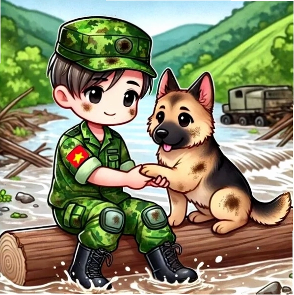 Chú bộ đội chibi hoạt hình đang thực hiện nhiệm vụ