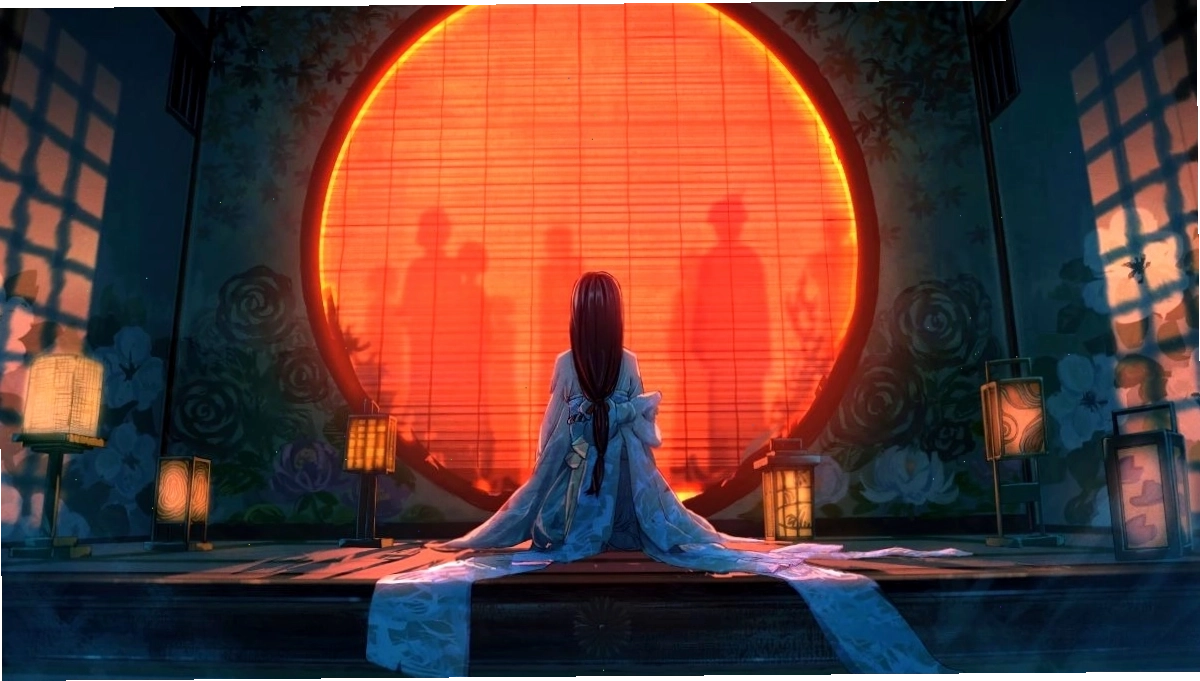 Cô gái anime với mái tóc xanh và đôi mắt to tròn, nền là khu rừng huyền bí