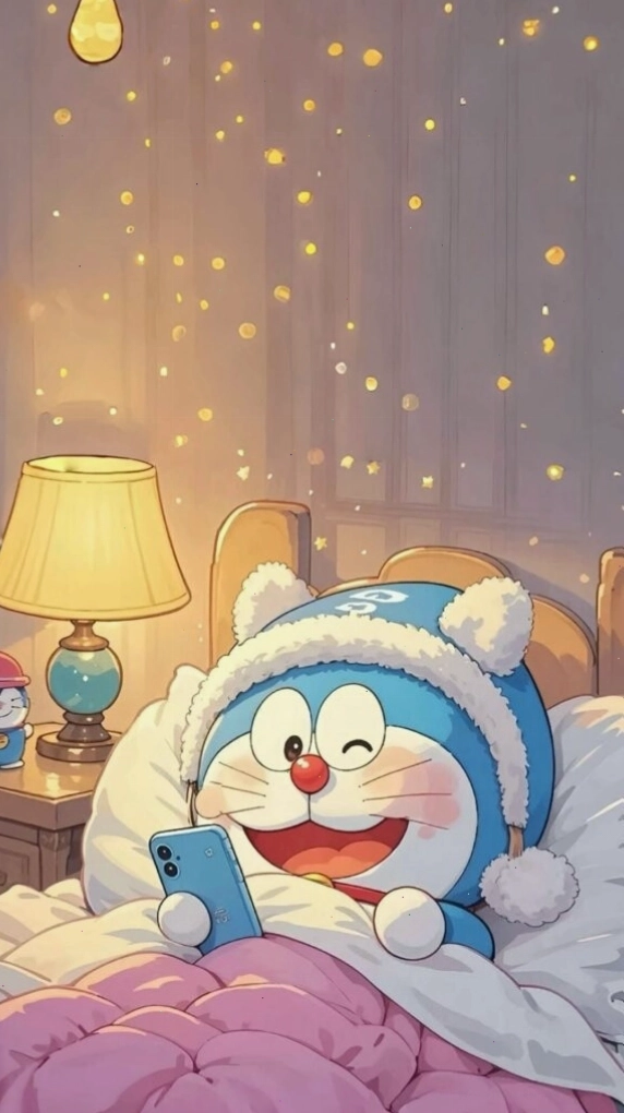 Doraemon cuộn tròn trên giường mơ màng
