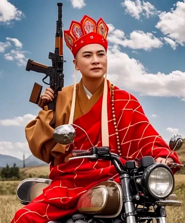 Đường Tăng hài hước cưỡi xe máy cầm tiểu liên trong một meme chế