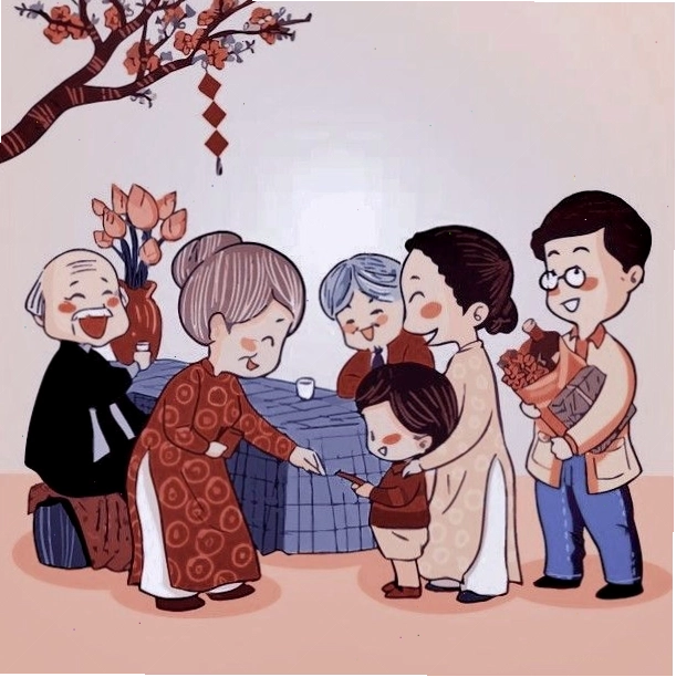 Gia đình 5 người anime chibi với trang phục truyền thống