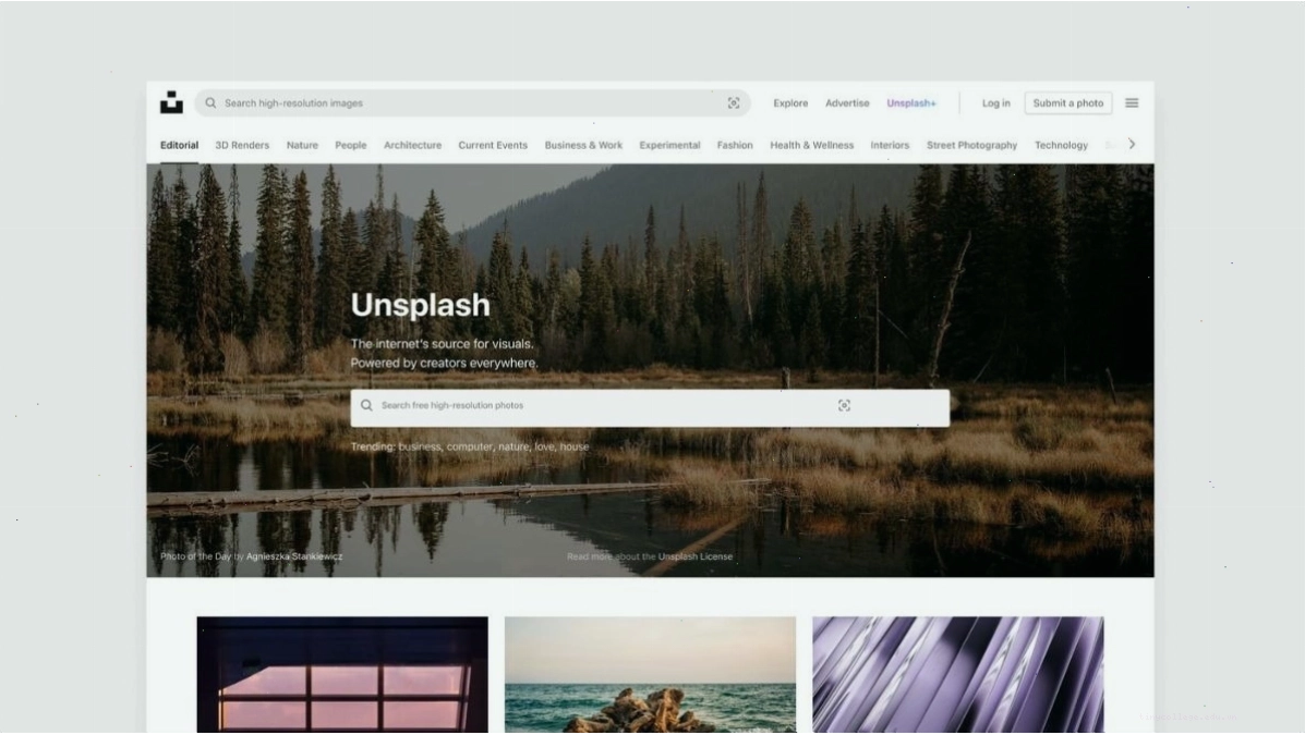 Giao diện trang web Unsplash với nhiều ảnh chất lượng cao