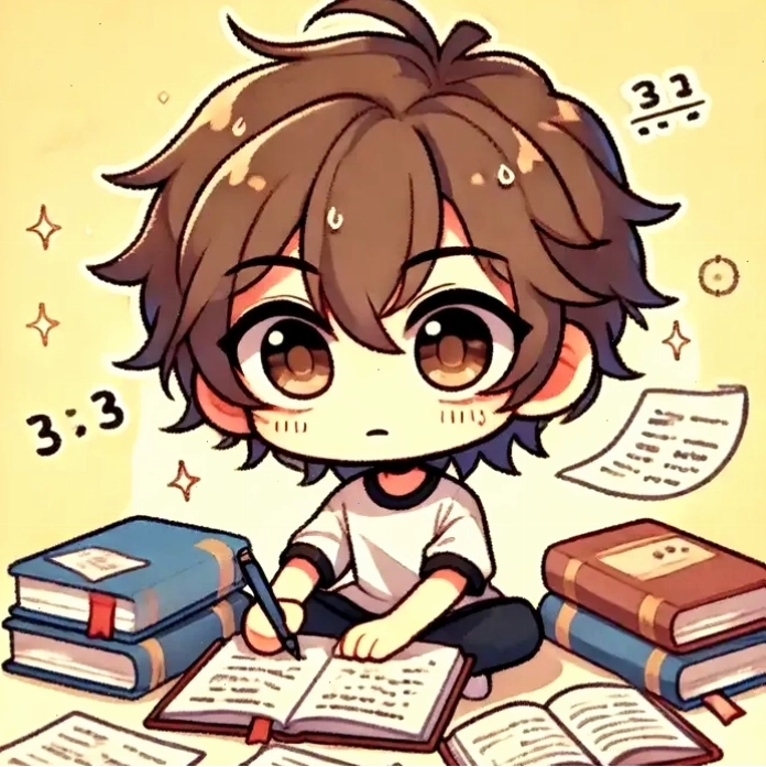 Hình chibi học sinh cấp 2 học bài với biểu cảm dễ thương