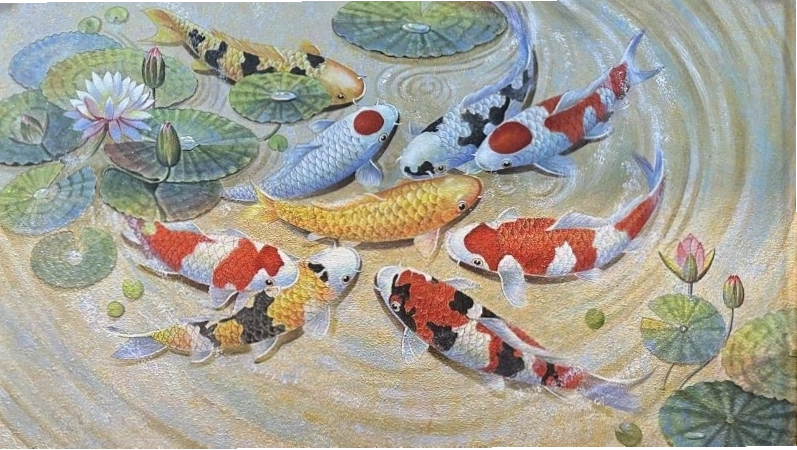 Hình nền cá chép hoa sen màu vàng kim phù hợp với người mệnh Kim