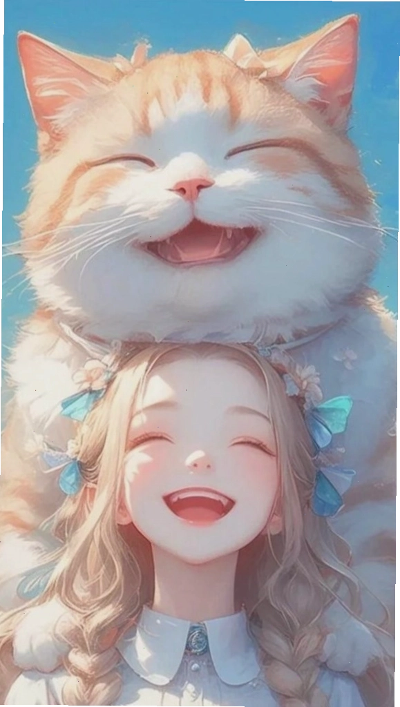 Hình nền cô gái đội mèo cam cười tươi, thể hiện sự vui vẻ và đáng yêu