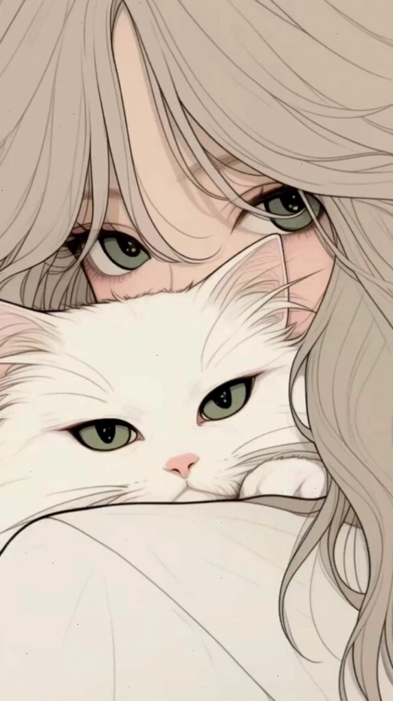 Hình nền cô gái ôm mèo trắng, với nét vẽ chibi đáng yêu