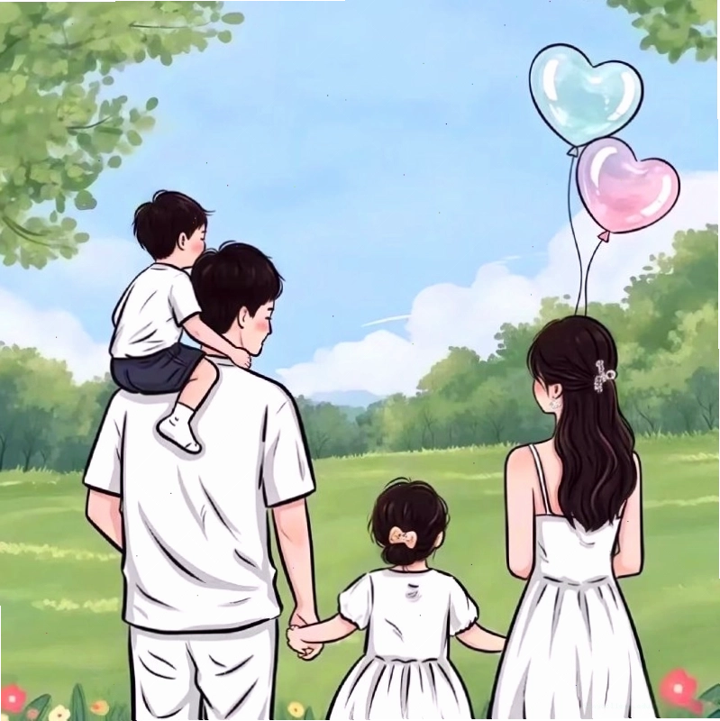 Hình nền gia đình 4 người theo phong cách anime dễ thương