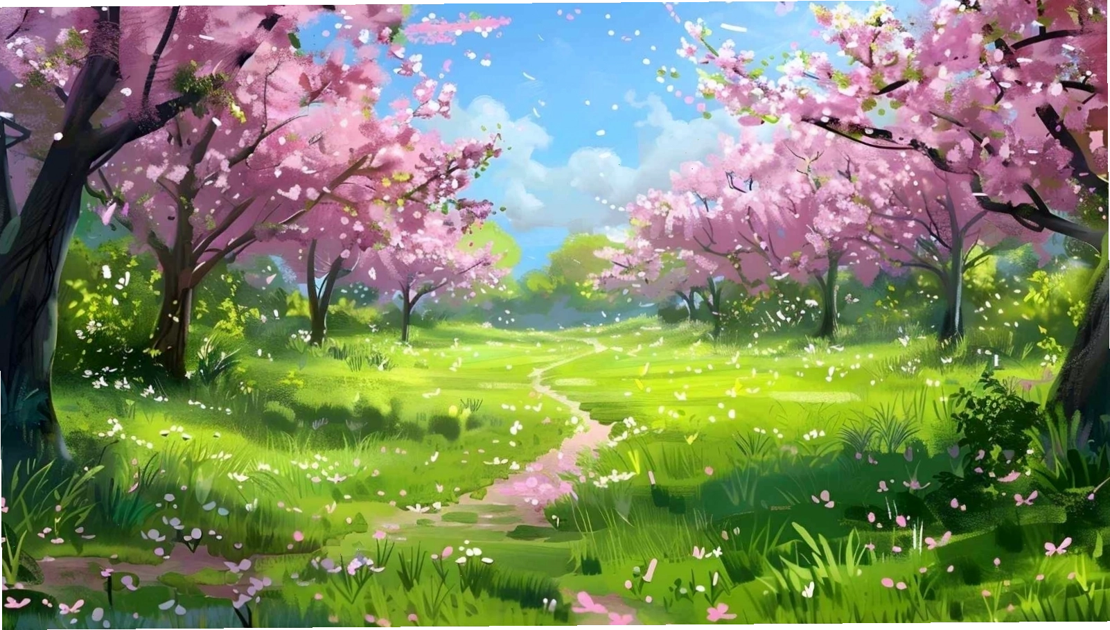 Hình nền hoa đào anime khu rừng với ánh sáng vàng dịu nhẹ