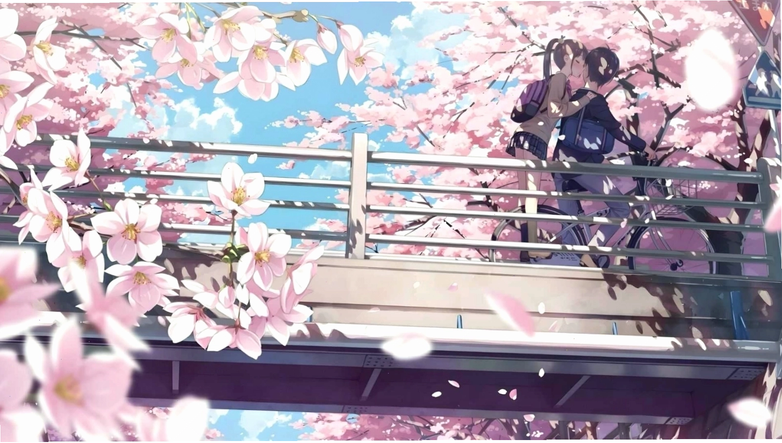 Hình nền hoa đào anime với phong cảnh núi non hùng vĩ