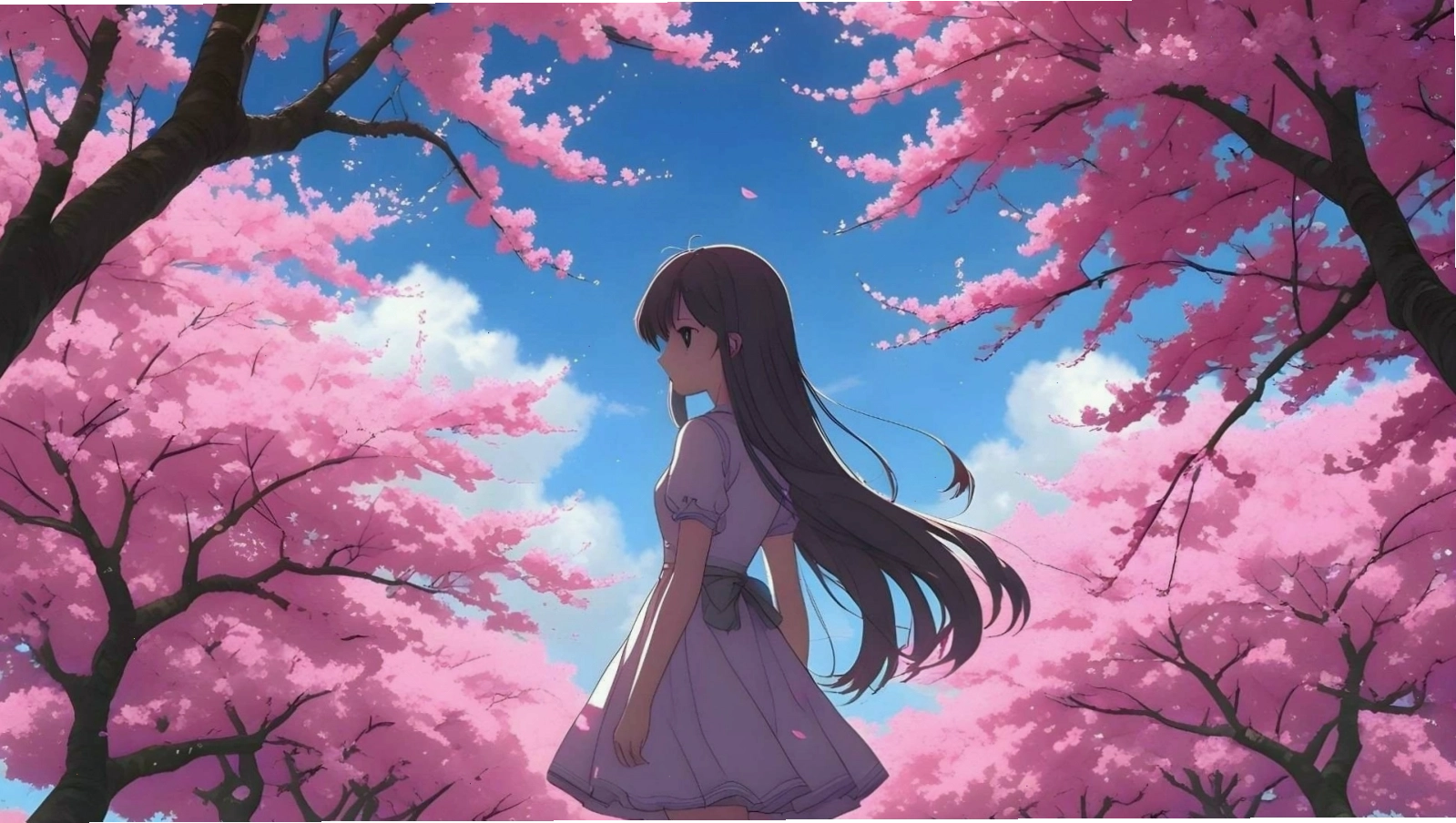 Hình nền hoa đào phong cách anime với cảnh vật lung linh