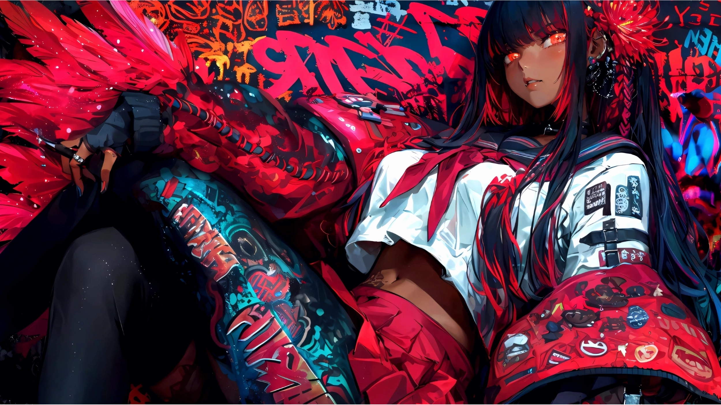 Hình nền máy tính anime 4K với cô gái tóc hồng và hiệu ứng ánh sáng lung linh