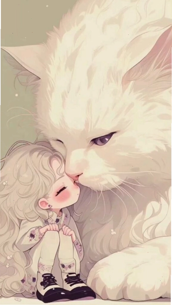 Hình nền mèo trắng bên cạnh cô bé