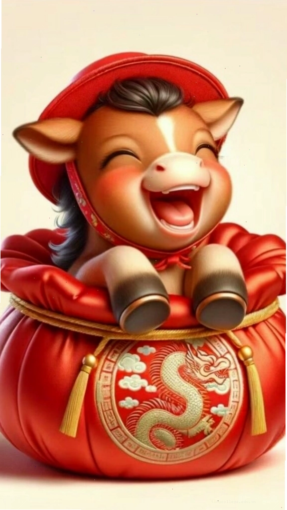 Hình nền tết 2026 chibi chú ngựa nằm trong túi lộc đầy ắp vàng