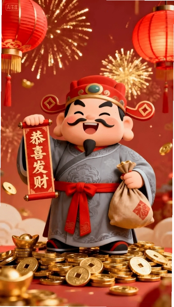 Hình nền Thần Tài với túi vàng và các vật phẩm may mắn