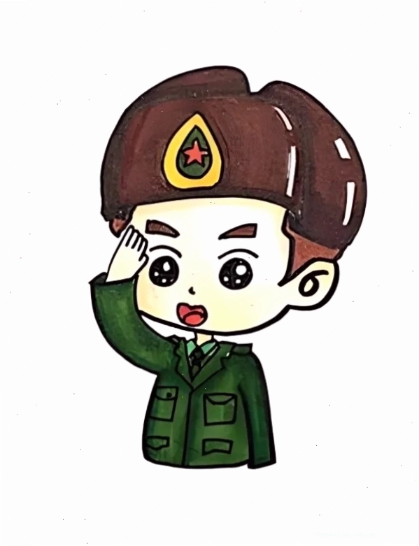 Hình vẽ bộ đội chibi trong tư thế chào cờ
