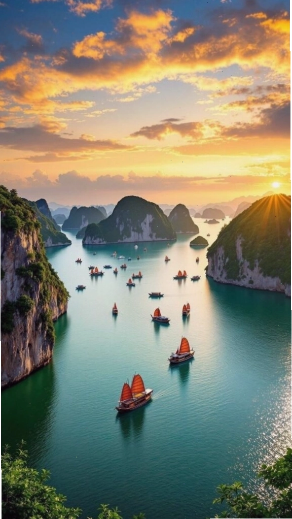 Hoàng hôn rực sáng trên vịnh biển và núi đá, hình nền điện thoại phong cảnh lãng mạn
