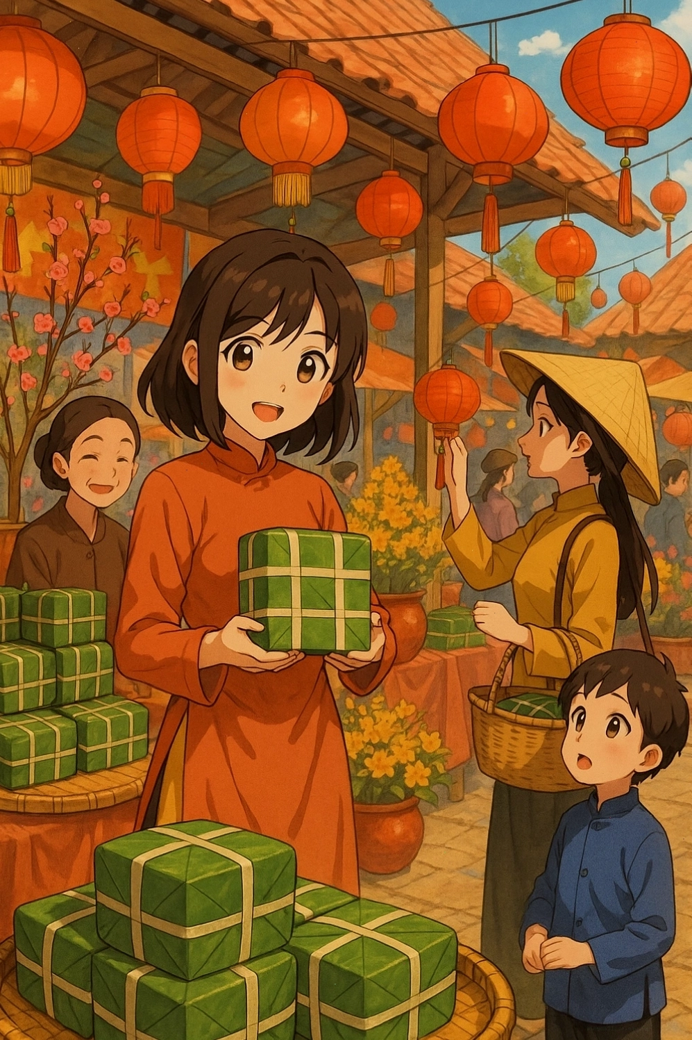 Không khí Tết Việt Nam vui tươi trong tranh anime