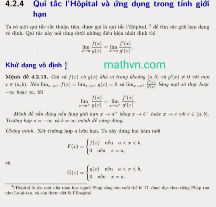 Minh họa quy tắc L'Hospital cho dạng 0/0