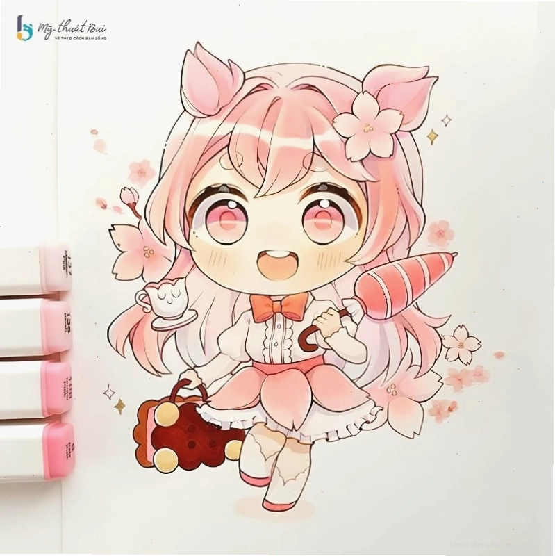 Nhân vật phù thủy chibi với cây đũa thần nhỏ xinh