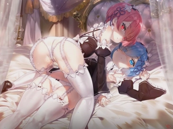 Ram và Rem (Re:Zero) trong trang phục maid và tất dài, một hình ảnh kinh điển của loạt phim.
