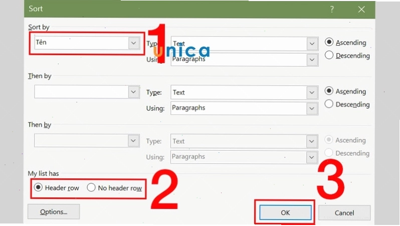 Thiết lập các tùy chọn sắp xếp trong Word