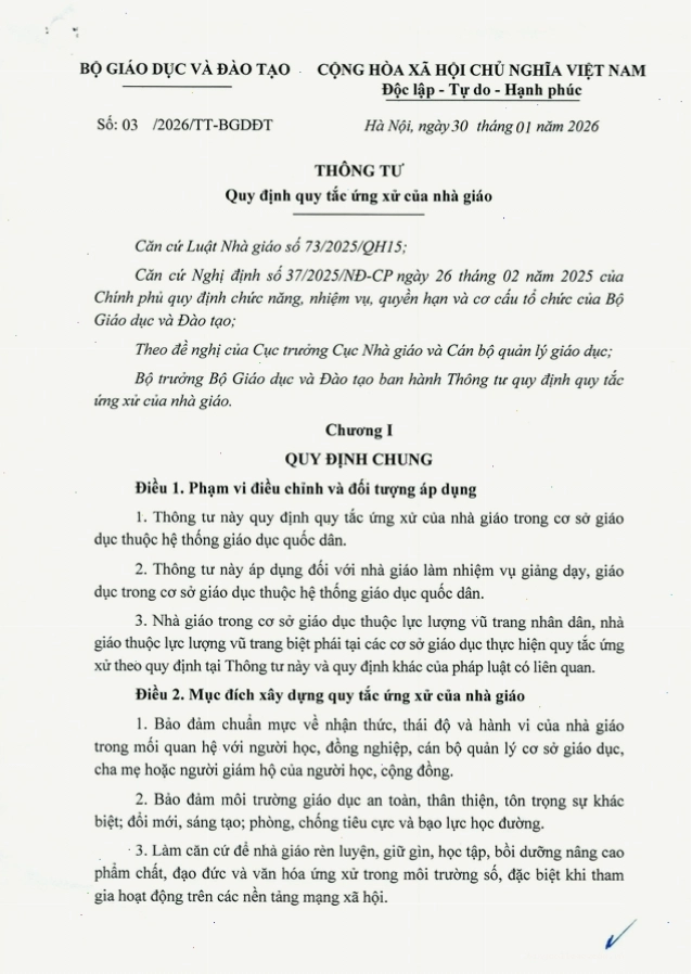 Trang bìa Thông tư 03/2026/TT-BGDĐT quy định quy tắc ứng xử của nhà giáo