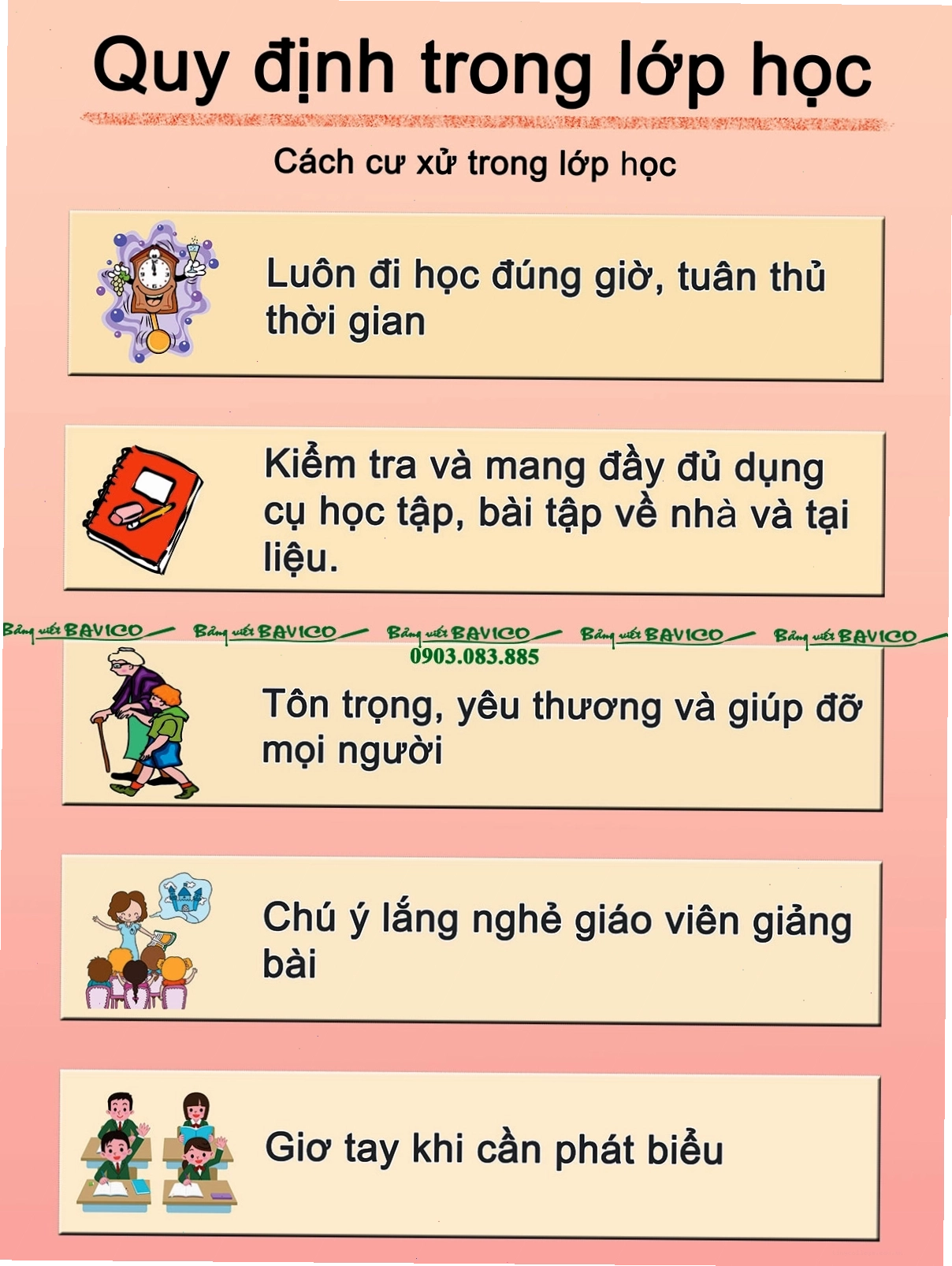 Trang trí nội quy lớp học tiểu học với các biểu tượng dễ thương