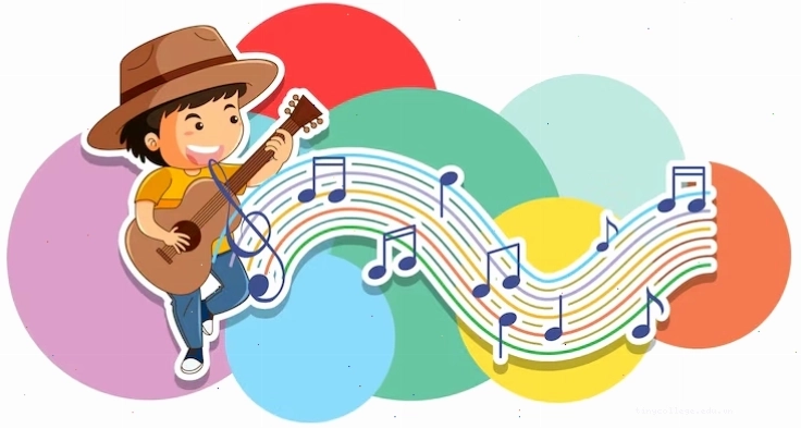 Cậu bé chơi đàn guitar với các nốt nhạc bay bổng