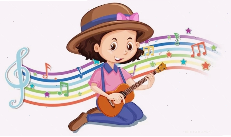 Cô gái chơi guitar trên nền sóng cầu vồng rực rỡ