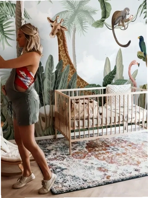 Kids nursery pink flamingo and cute giraffe safari animals wallpaper mural