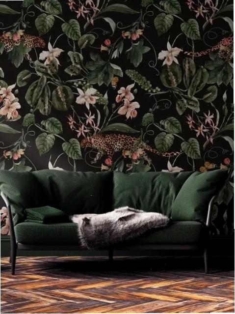 Watercolor dark tropical art with leopard wallpaper mural